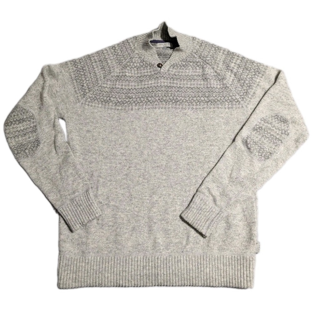 Ted Baker Sweater Men Size 4 L Gray Wool Blend Fair Isle Button Neck Elbow Patch
